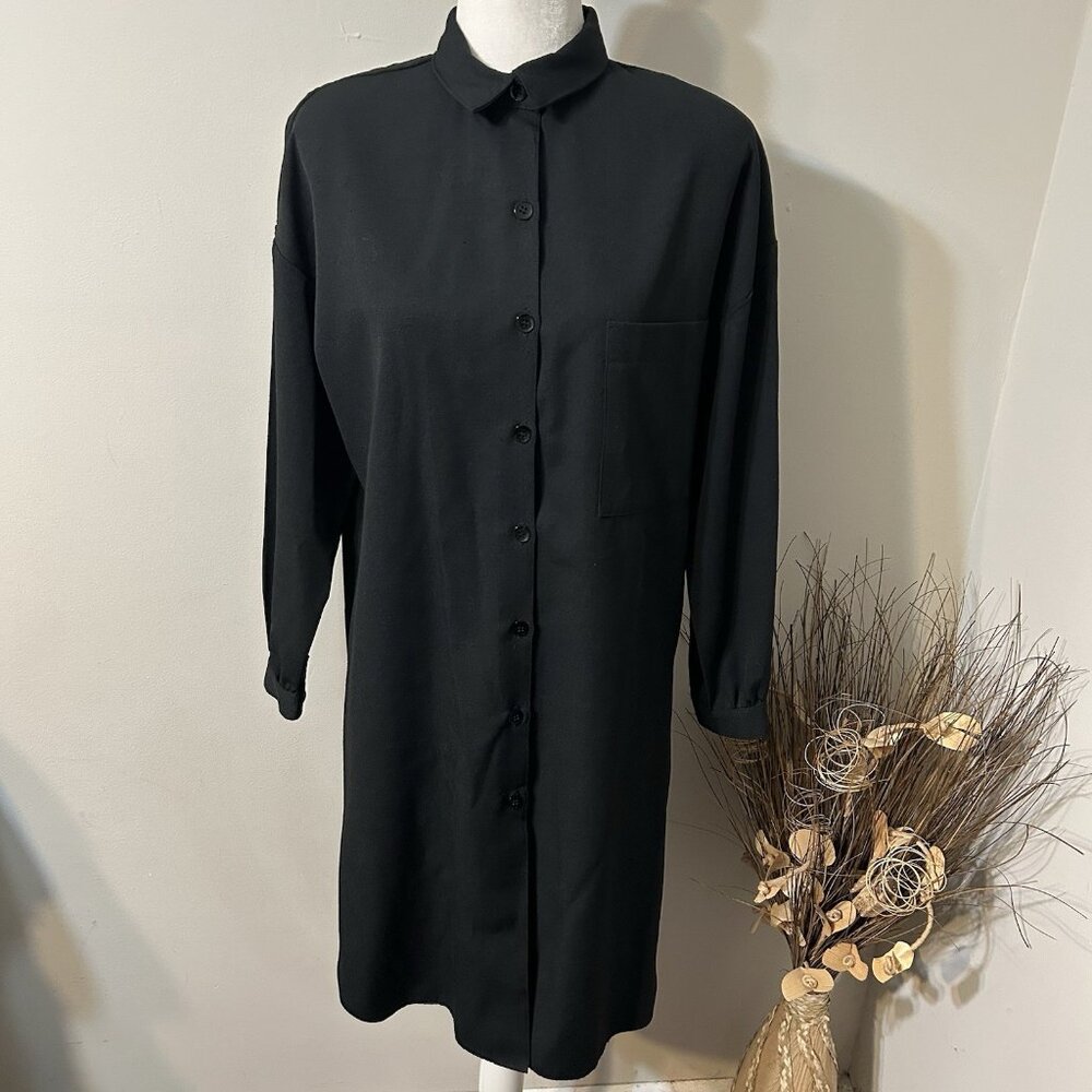 Vtg 70s Campus Casuals Of California Women Black Button Up Shirt Tunic Dress 12